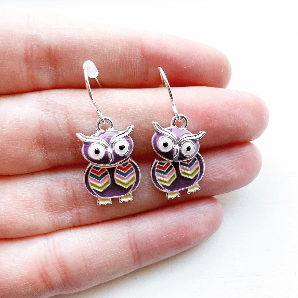 Adorable purple & colorful owl drop earrings